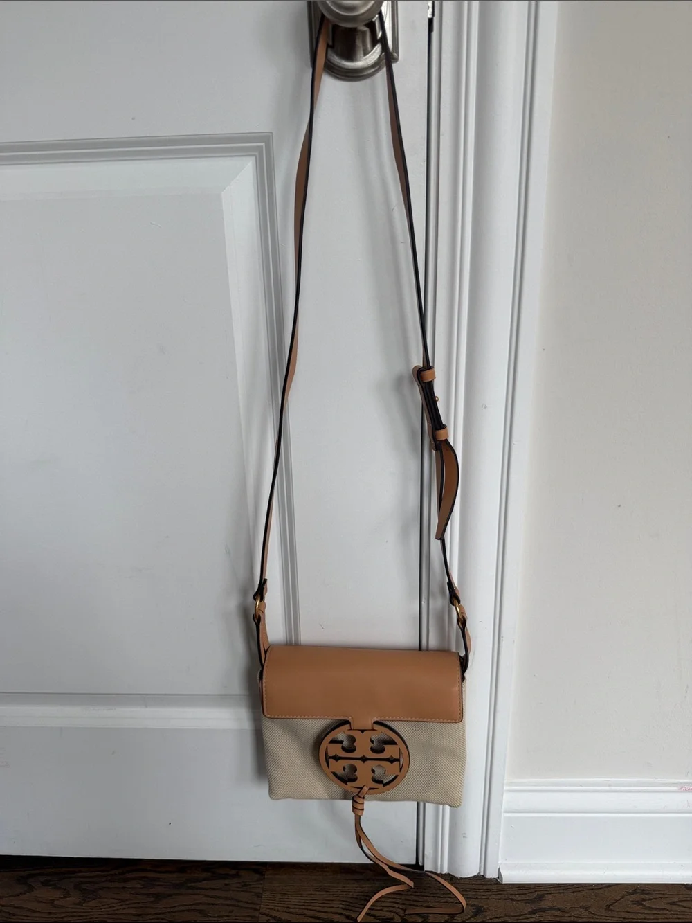 Tory Burch Beige Canvas & Tan Leather Logo Crossbody